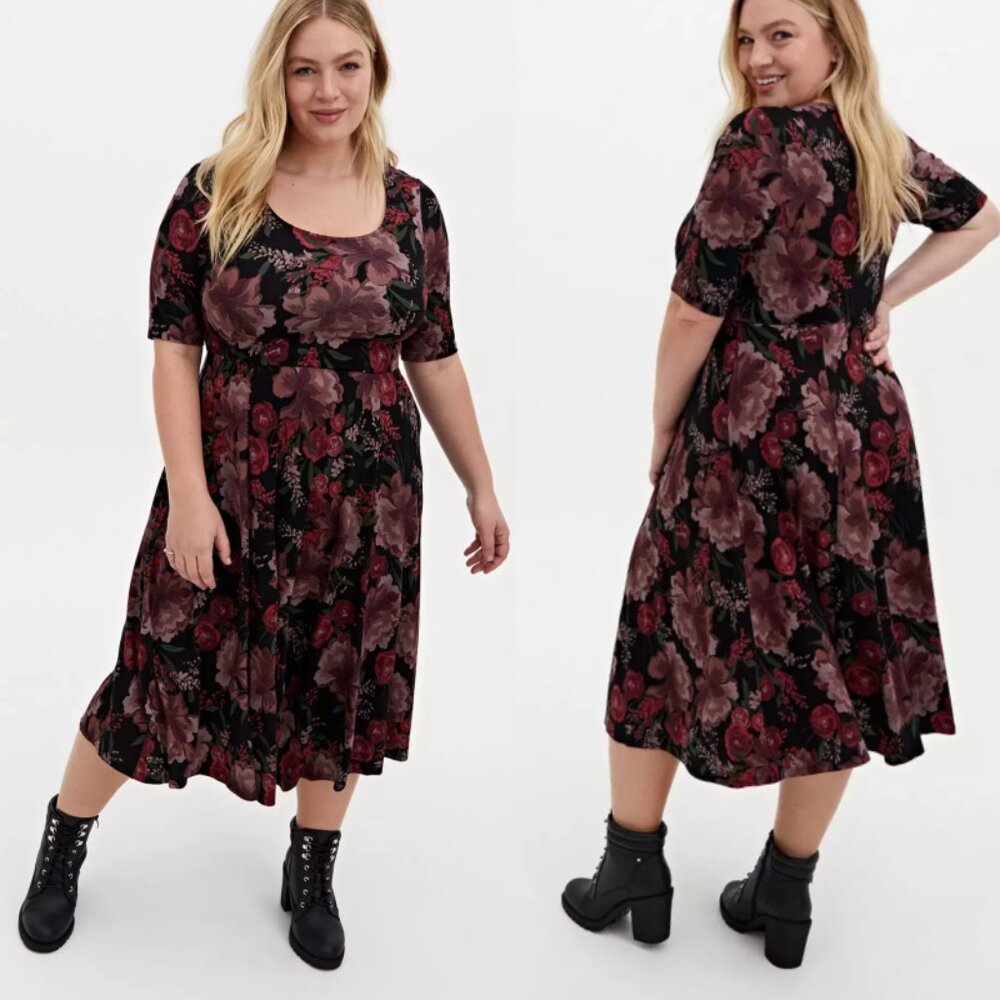 Black Floral Midi Dress with Scoop Neck